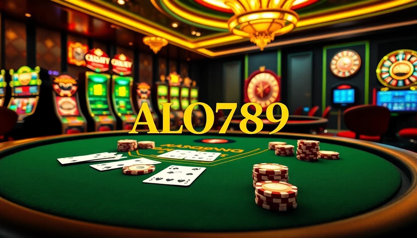 Experience the thrill of gambling at ALO789 with poker chips and vibrant slot machines.