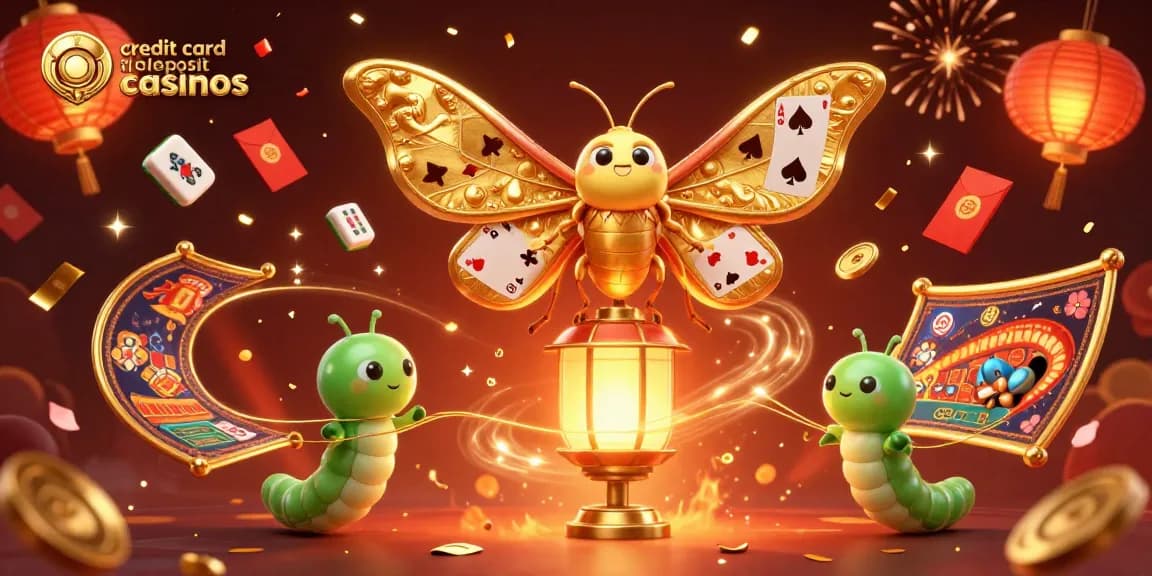 Discover thrilling action at credit card deposit casinos with a majestic moth and vibrant casino elements.