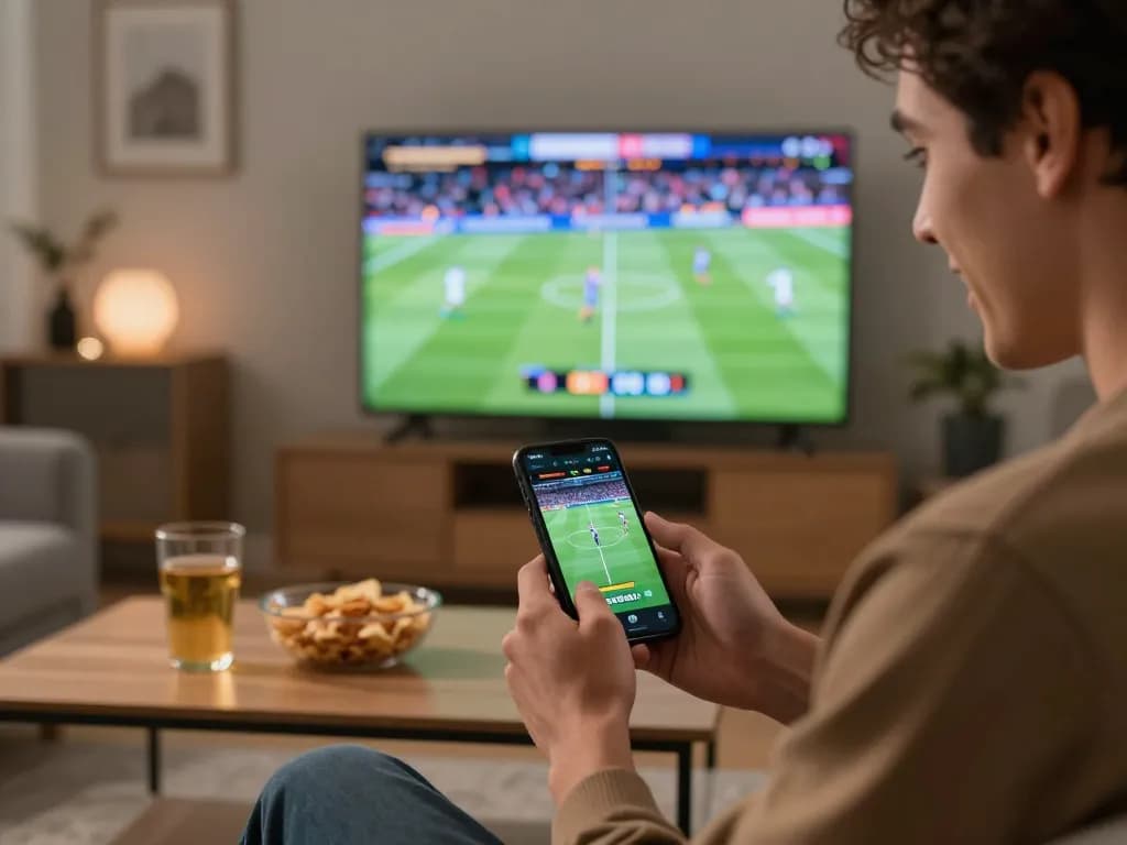 Betting enthusiast using 88vv app on smartphone while watching a live match in a cozy home setting.