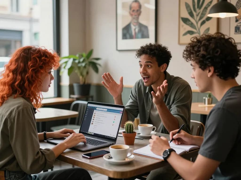 Engaging urban scene with friends discussing ai nsfw chat technology in a café, showcasing vibrant social interaction and tech.