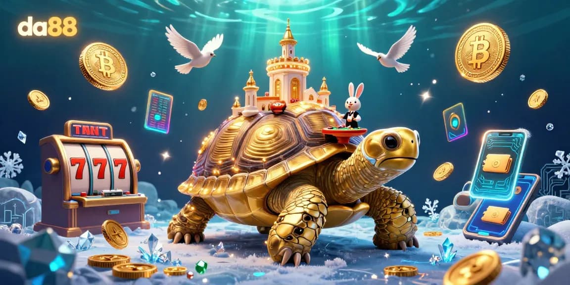 Join the exciting world of da88 slots filled with golden tortoises and flying coins, showcasing vibrant casino energy.
