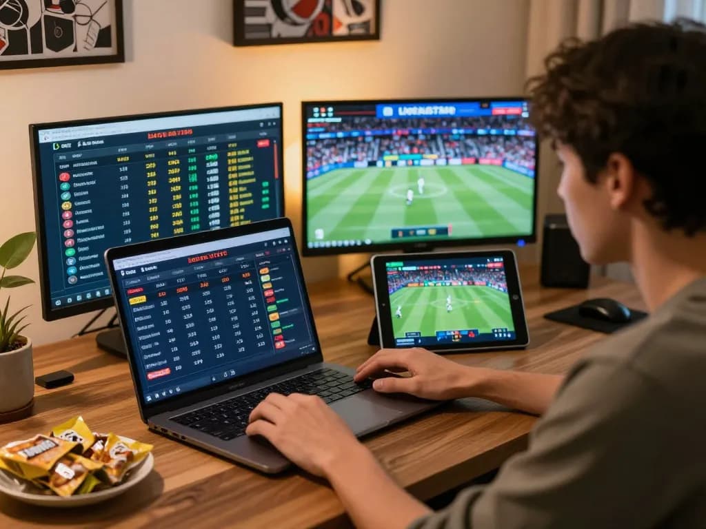 Engaging online sports betting scene featuring 8kbetbh user analyzing odds on multiple screens.