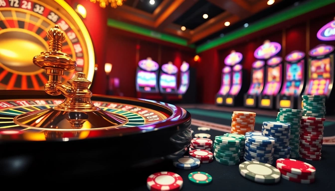 Experience thrilling gameplay at https://22bet.style with a vibrant casino scene featuring roulette, poker cards, and chips.