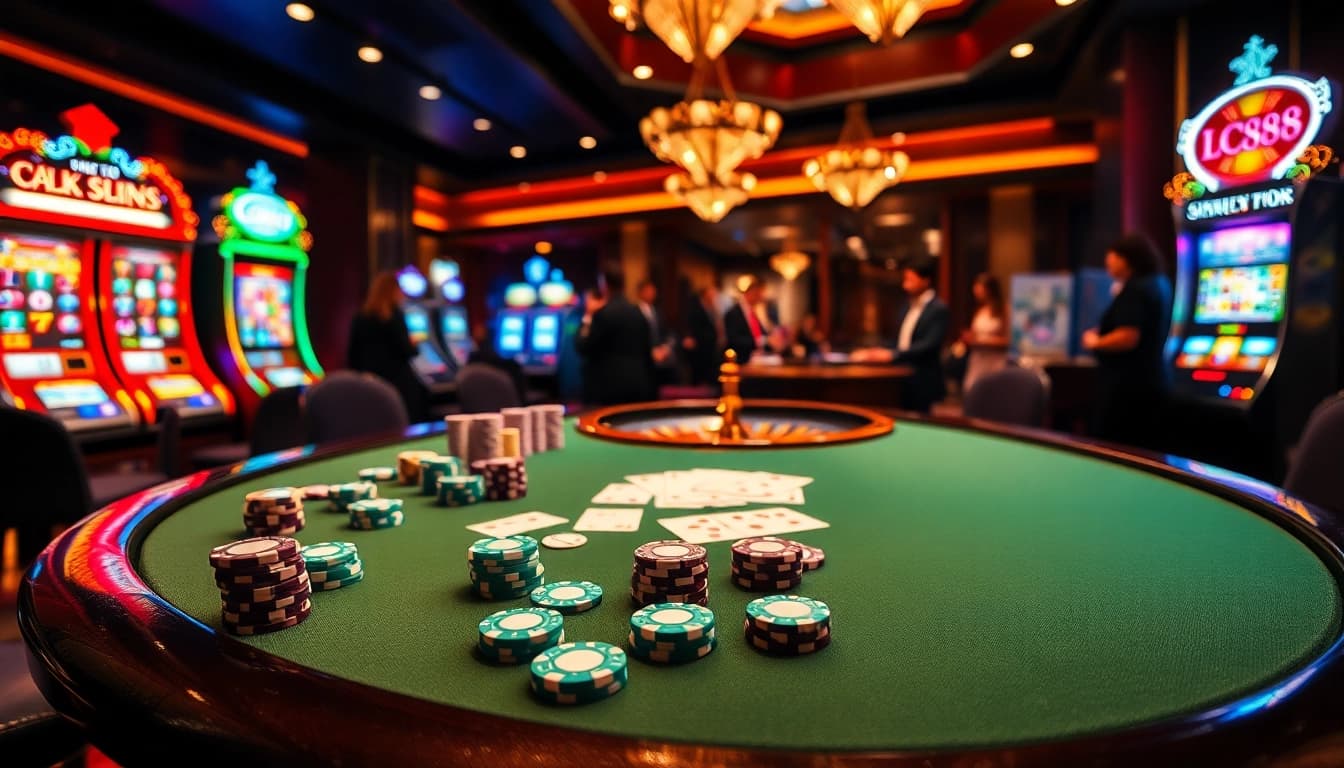 Engaged players at an LC88 poker table, enjoying a thrilling casino atmosphere with vibrant colors.