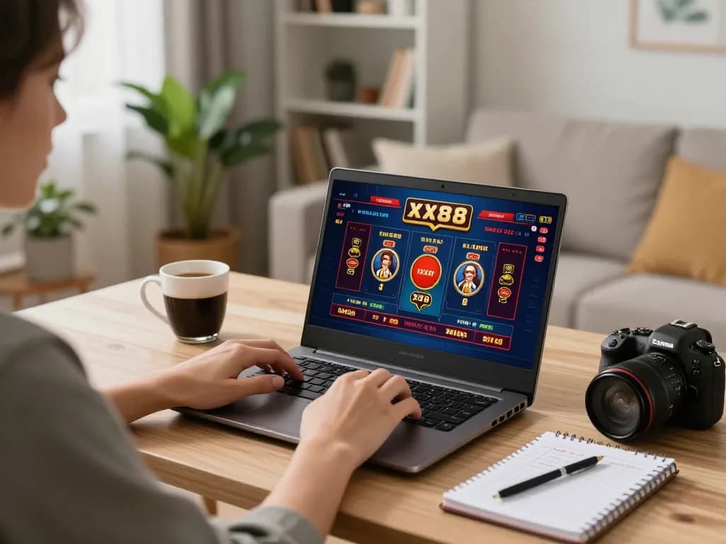 Player enjoying a dynamic online casino experience at xx88 with laptop, notebook, and coffee.