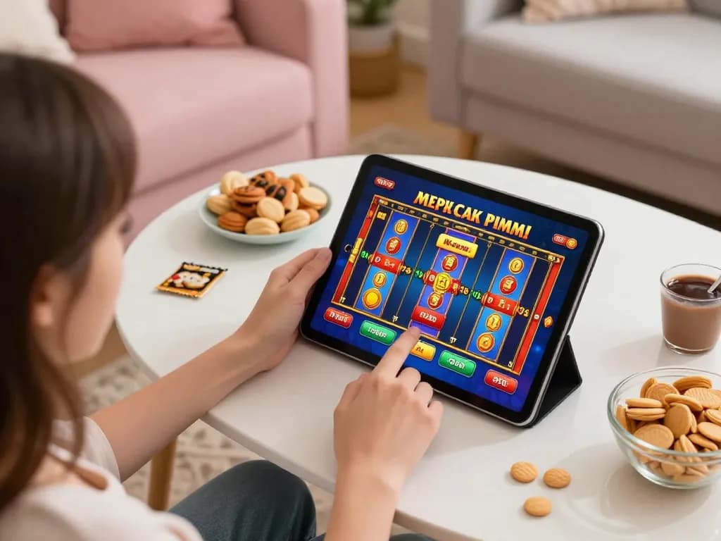 RR88 user enjoying an online slot game on tablet at home with colorful interface.