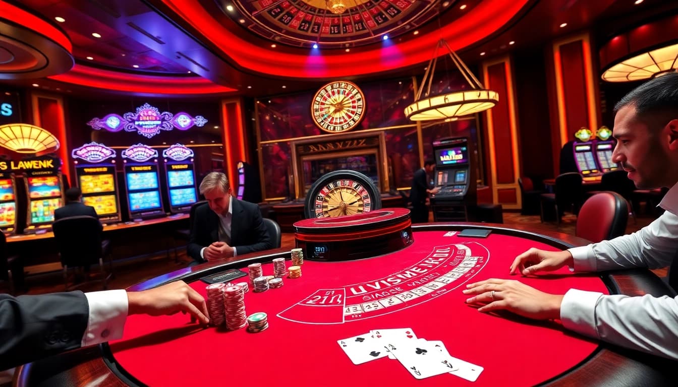 Thrilling casino scene at https://ta88c.com featuring players and a blackjack table, capturing the game's excitement.