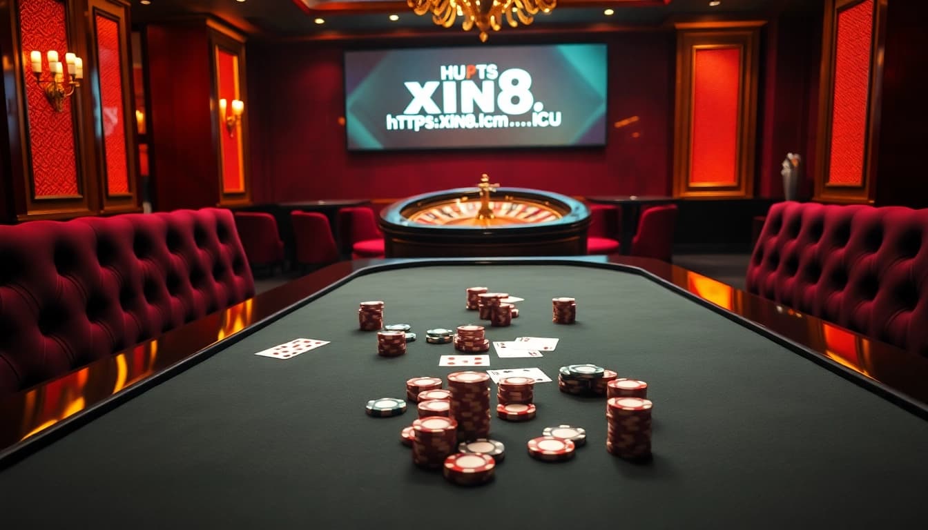 Players enjoying a thrilling poker game at a luxurious casino, featuring https://xin88.icu/ for online excitement.