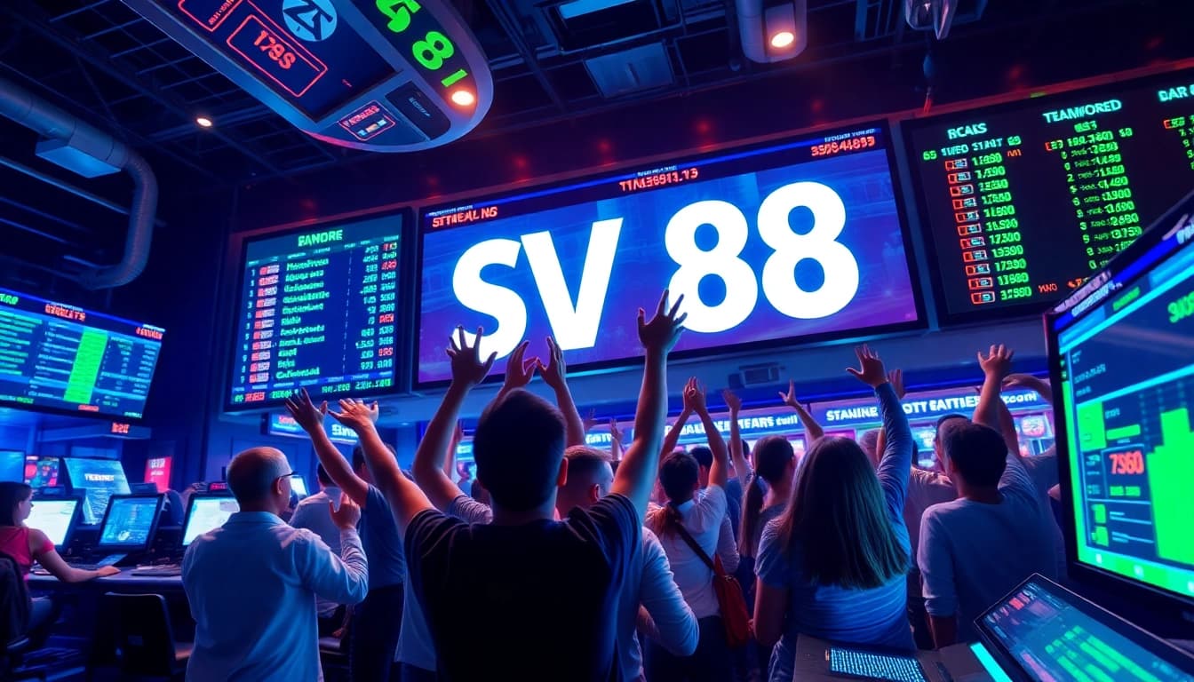 Celebrate a thrilling sports bet win at SV 88 with diverse fans cheering and glowing digital displays.