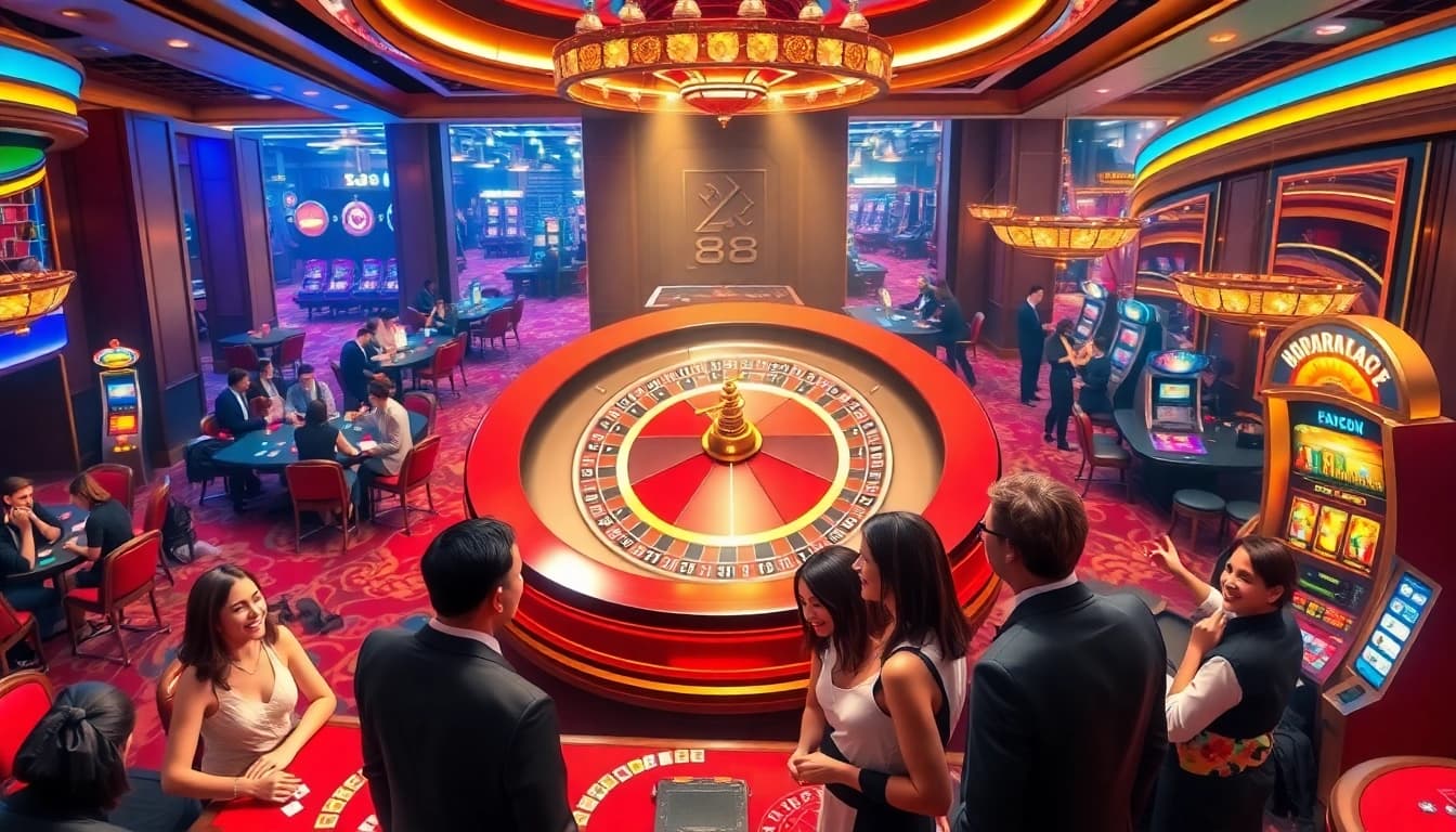 Excited gamblers engaging at a luxurious casino featuring xo88 games and vibrant atmosphere.