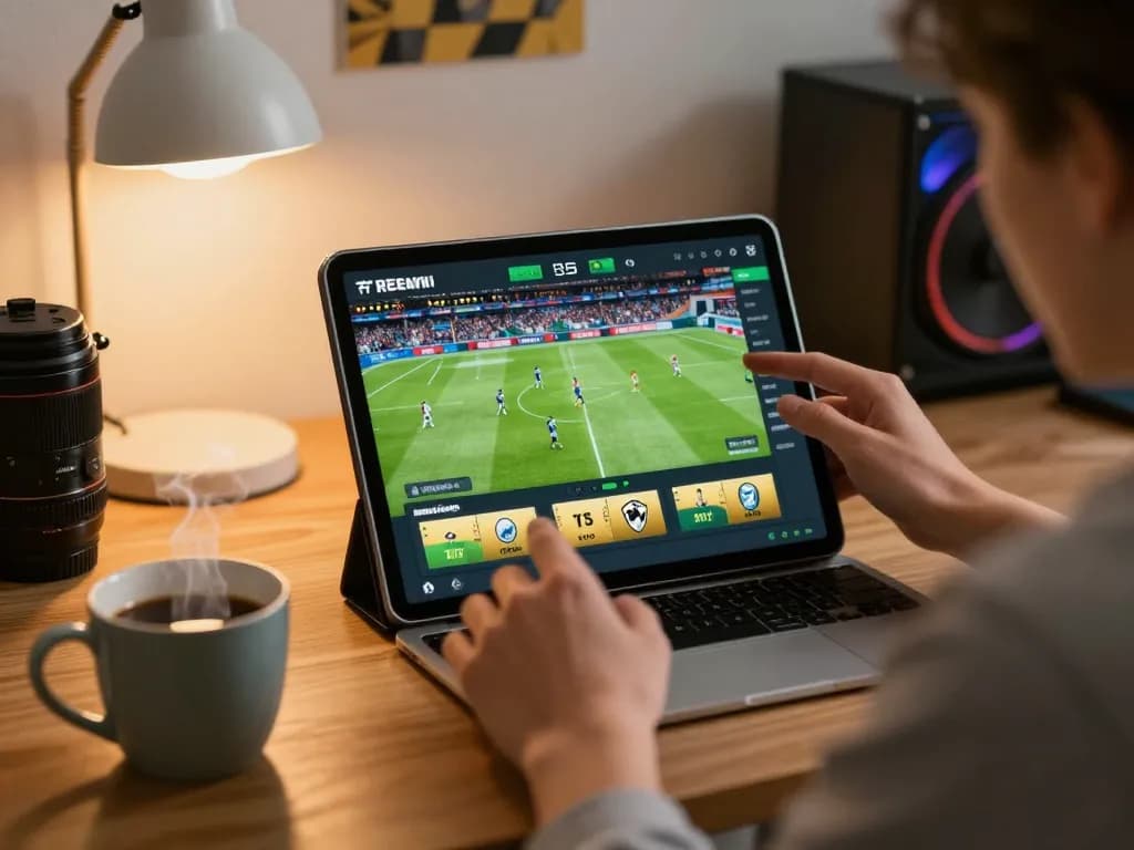 Person enjoying live football streaming at https://socolivees.tv/, surrounded by sports memorabilia and a cozy atmosphere