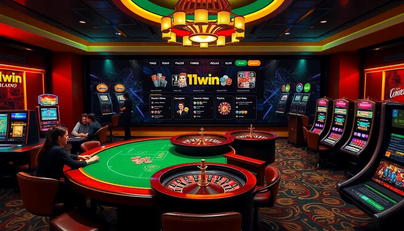 Experience thrilling games at https://11win.vc/ with players enjoying poker, roulette, and slots in a luxurious casino setting.