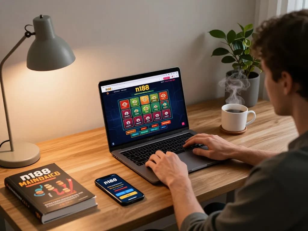 Engaging moment of online gambling with n188's interface visible on a laptop, showcasing modern gaming setup.