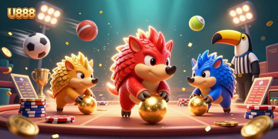 U888 offers thrilling betting action as rival pangolins bowl through poker chips in a vibrant scene.