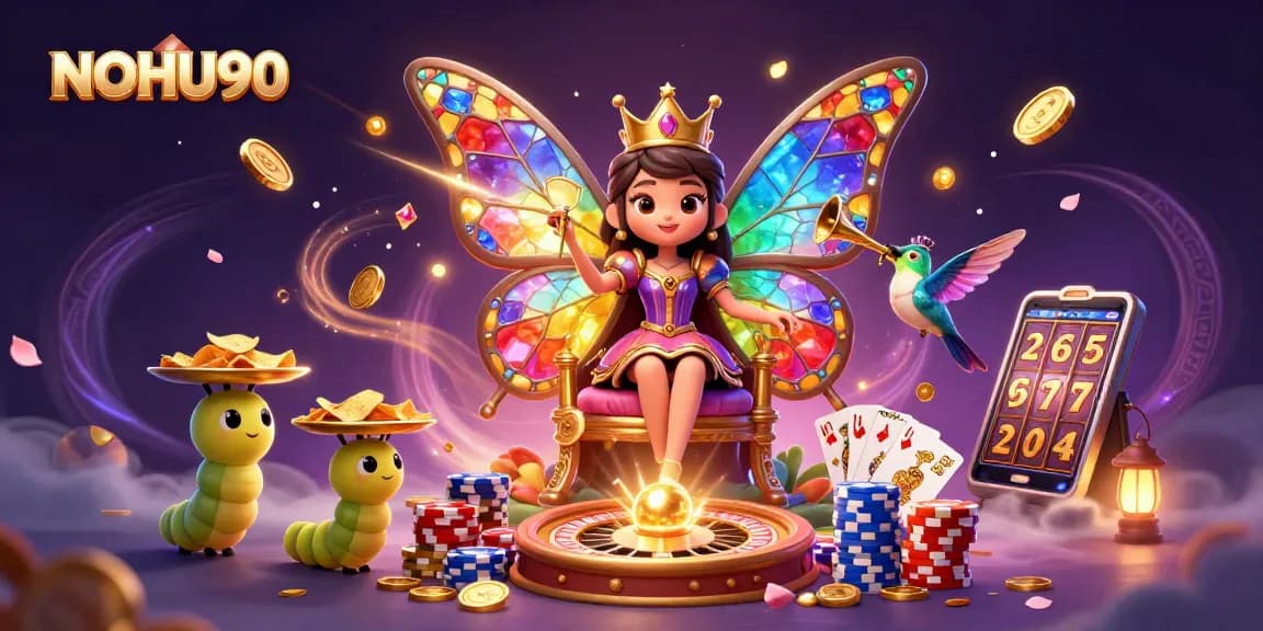 Engage with NOHU90's vibrant casino world featuring a butterfly queen, chips, and golden treasures.