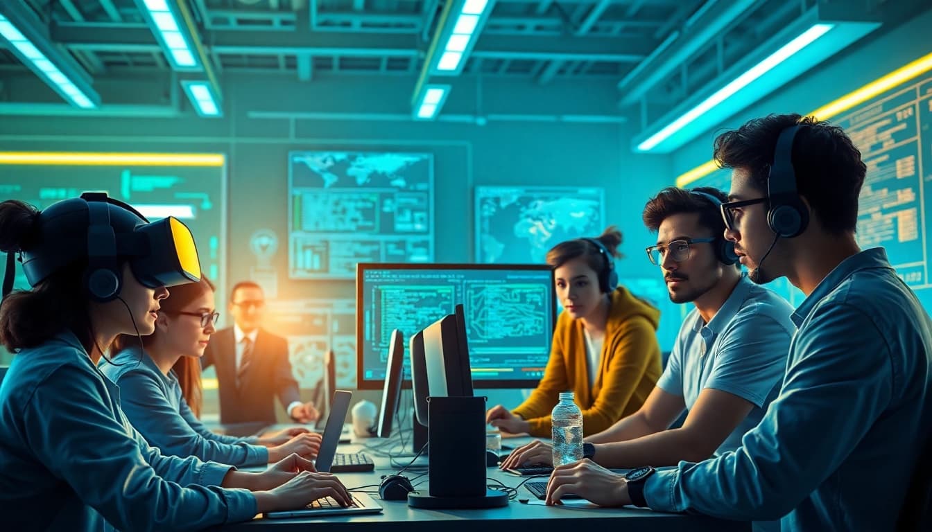 Dynamic team brainstorming game AI concepts in a futuristic setting.