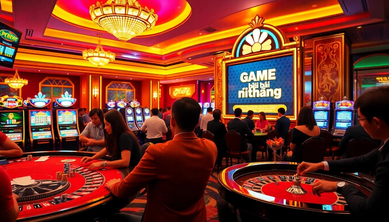 Exciting scene of players in a casino engaged in game bài đổi thưởng activities at poker and roulette tables.