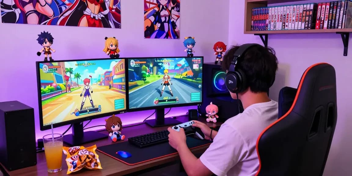 Player enjoying a vibrant hentai game at a modern gaming setup with anime decor and dual monitors.