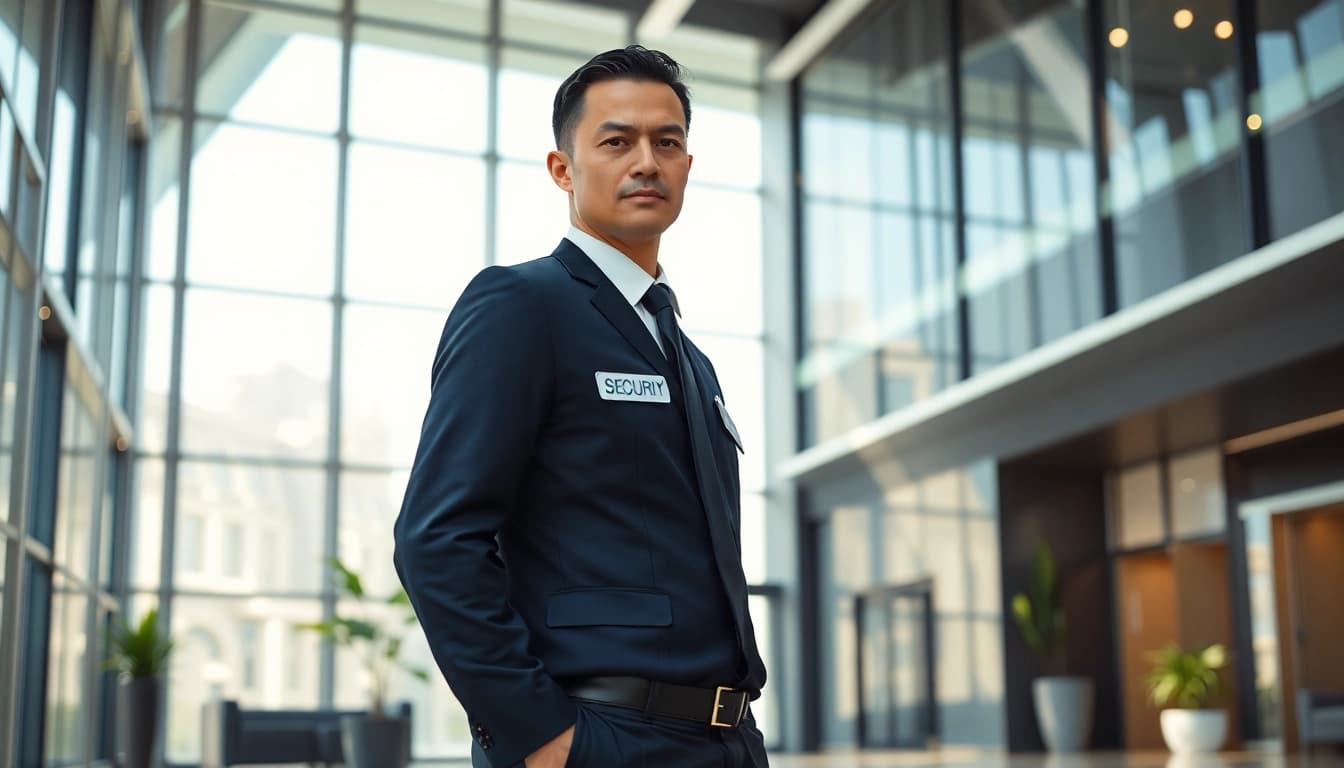 Hire security guard standing confidently in a modern office lobby, ensuring safety and professionalism.