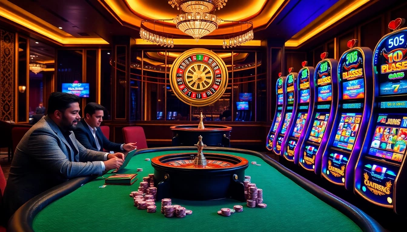 Hello88 casino scene with poker players at a lush table, highlighted excitement and luxury.