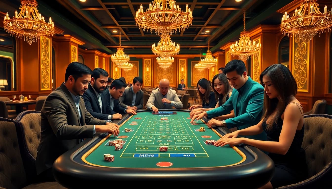 Tai xỉu MD5 gaming table with players excitedly placing bets in a luxurious casino environment.