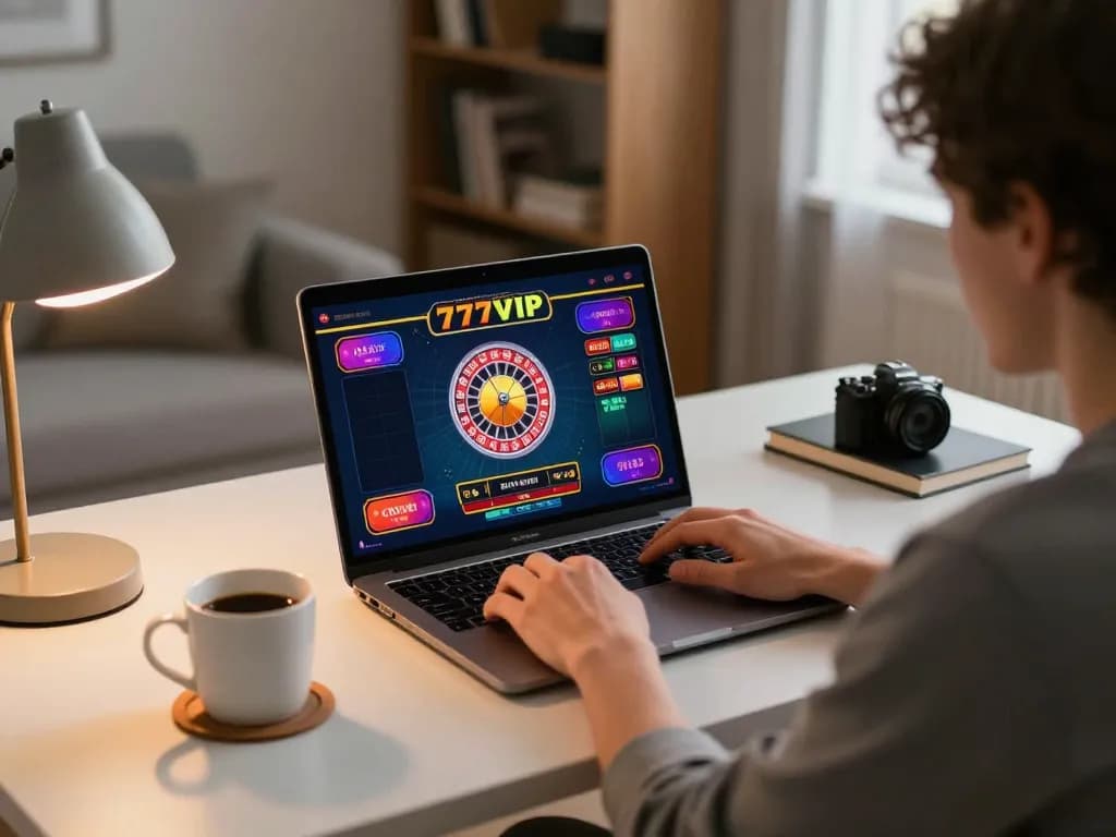Player enjoying 777VIP roulette online, ambient lighting and cozy desk setup create a perfect gaming atmosphere.