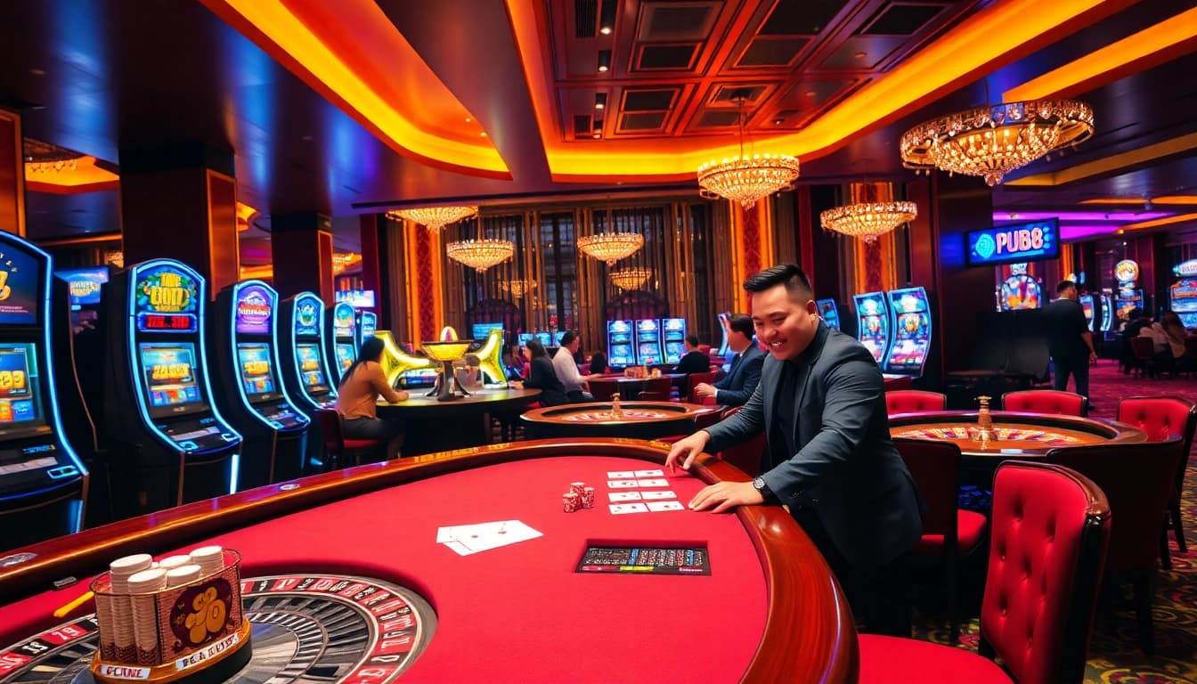 Engaging scene of luxury gambling at PUB88 with players at casino tables and vibrant slot machines.