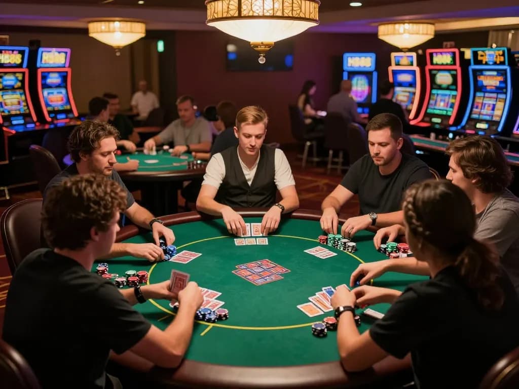 Players competing at poker tables at HB88 casino, showcasing strategic gameplay and lively atmosphere.