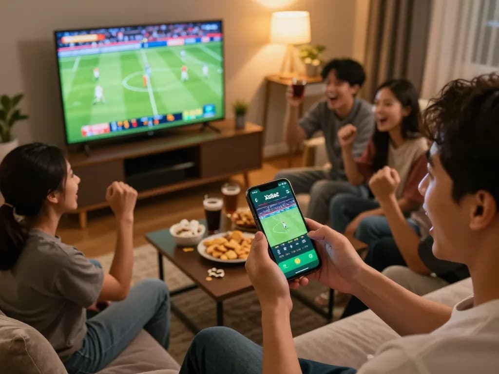 Xoilac app displayed on smartphone screen while placing live sports bets with friends.