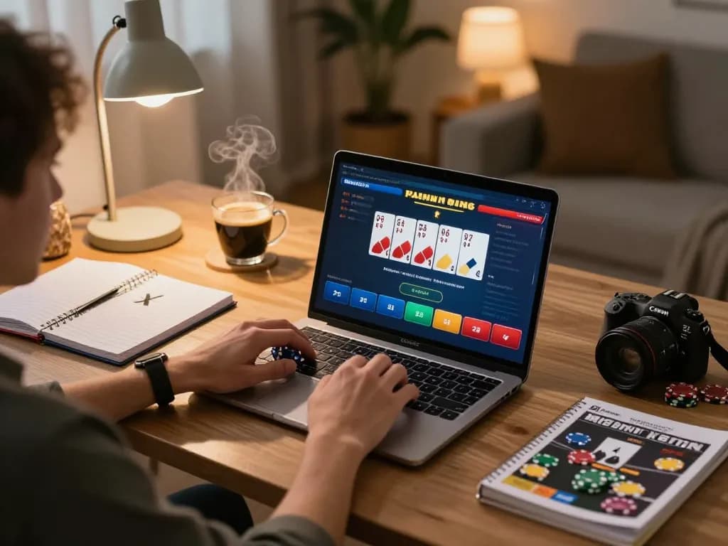 Player engaging with dv88 online poker game, demonstrating strategic gambling at home setup.