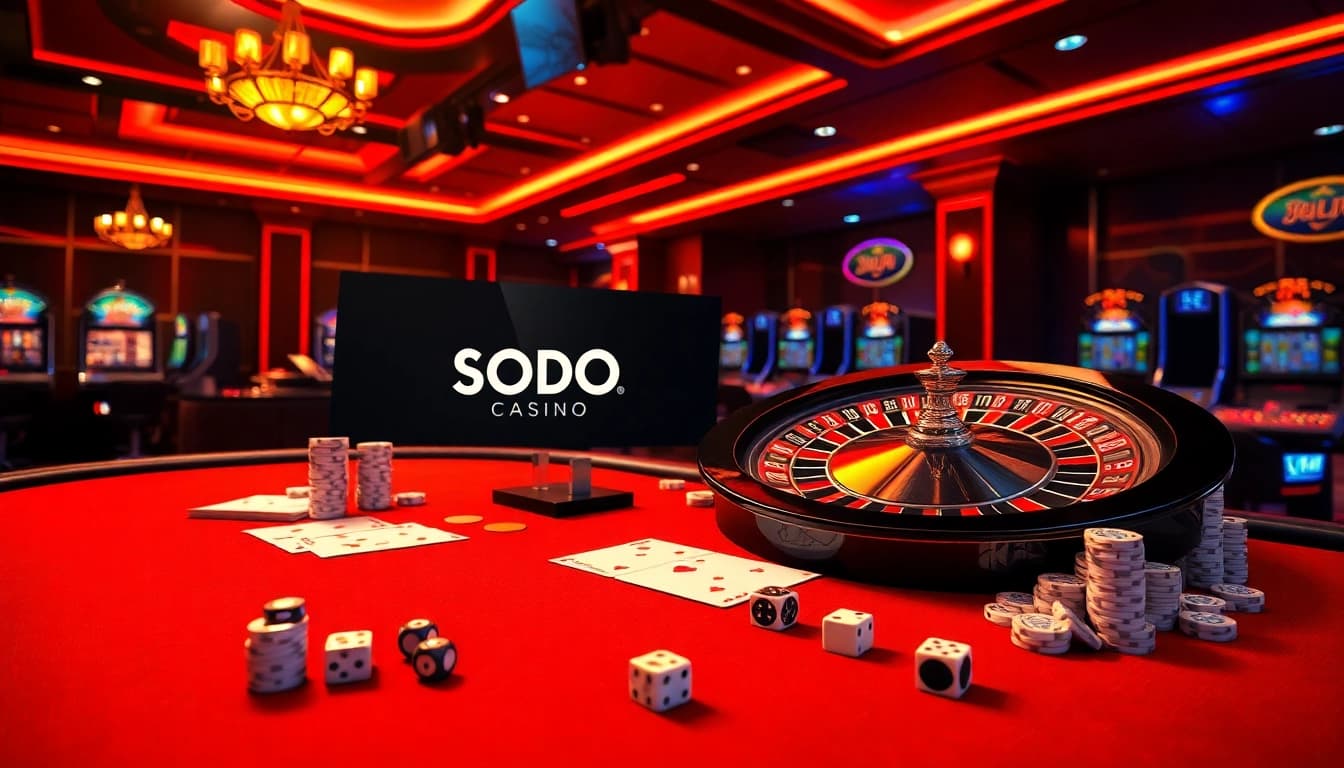 SODO Casino gaming ambiance with cards, poker chips, and a roulette wheel in a luxurious setting.