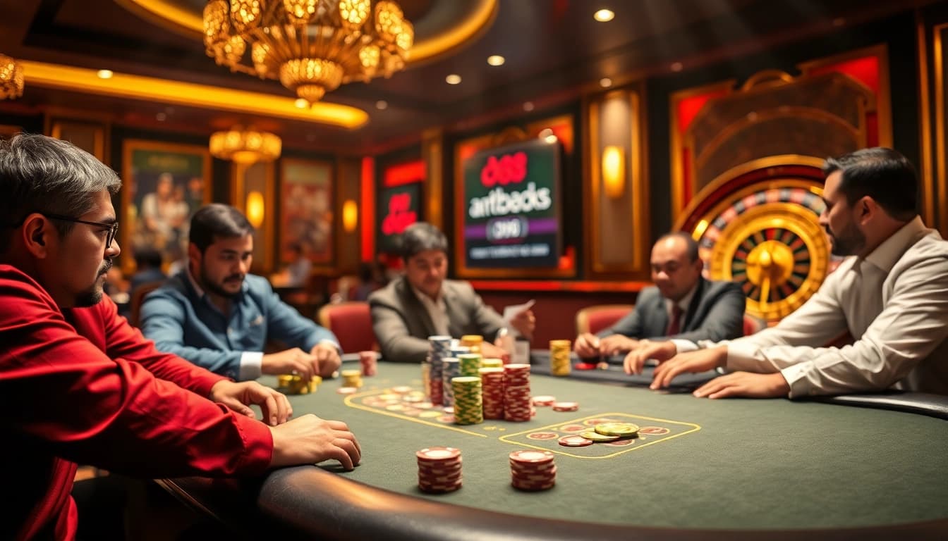 Exciting players strategizing at a dn88 poker table in a luxurious casino atmosphere.