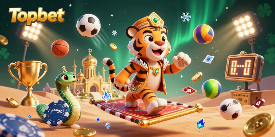 Topbet showcases thrilling gambling action with a sultan, sports elements, and vibrant casino atmosphere.