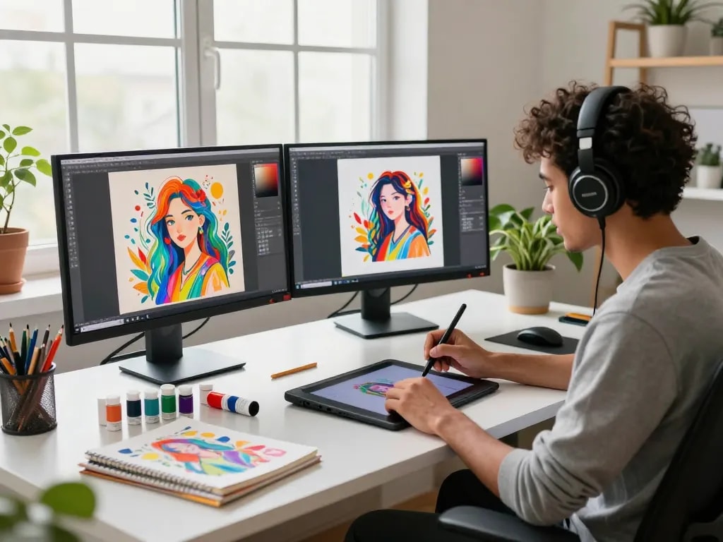 Digital artist generating image prompts at a modern creative workspace.