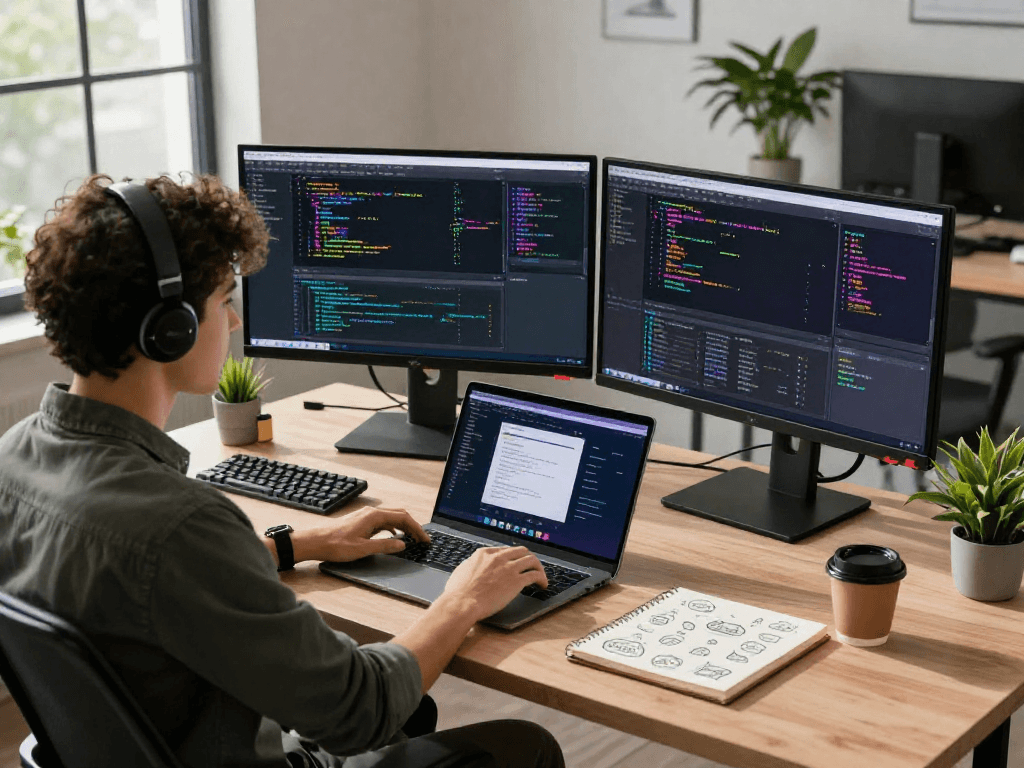 Desarrollo de software en oficina moderna con Immediate Edge en monitores y ambiente colaborativo.