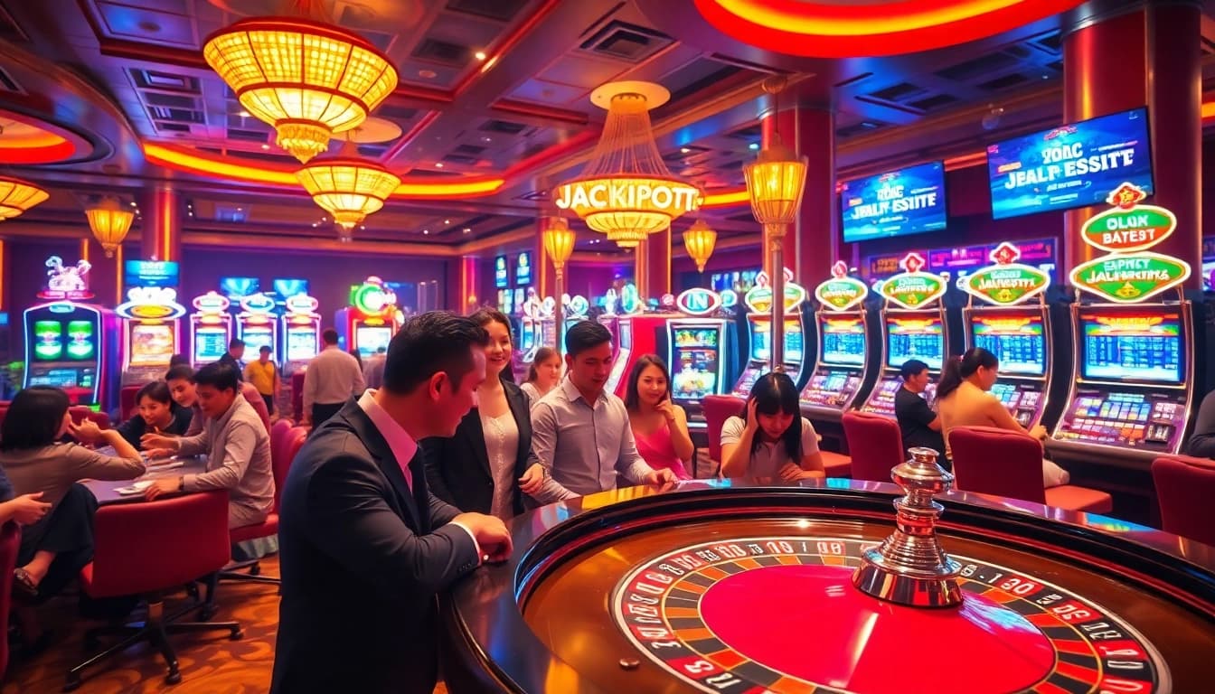 Discover thrilling moments at 'Nhà cái uy tín' with players engaging at a roulette table amidst colorful chips.