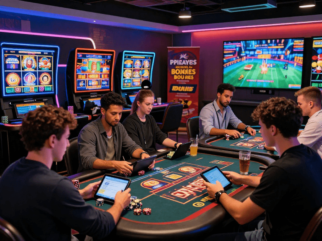 Engaged players experiencing USA casinos for UK players at vibrant gaming tables, showcasing dynamic slot games and live dealers.