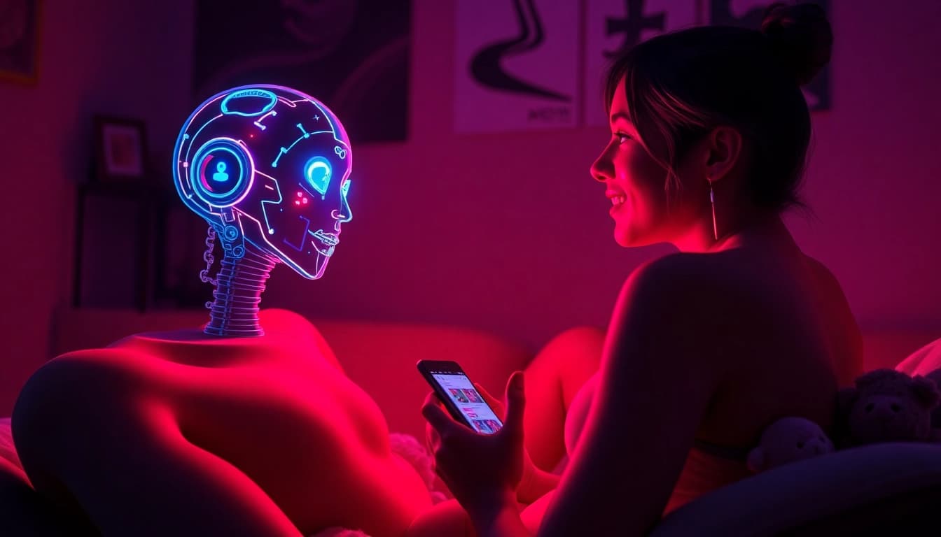 Engaging scene of NSFW AI chat interaction showcasing emotional depth and playful connection.
