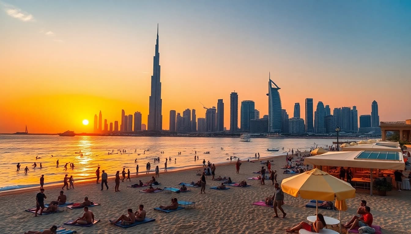 Experience the vibrant skyline during sunset while planning to travel to Dubai, featuring the Burj Khalifa.
