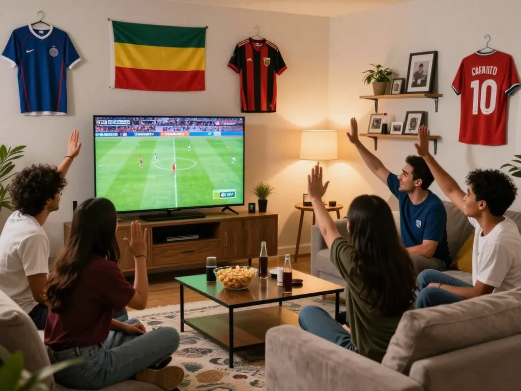 Cakhiatv football match viewing party with friends celebrating in a cozy living room, showcasing excitement and engagement.