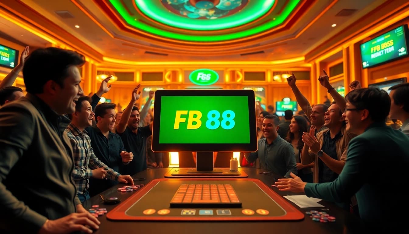Enthusiastic players enjoying the FB 88 sports betting experience amidst a lively casino backdrop.