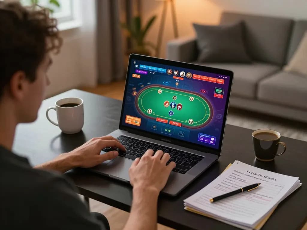 Engaging online gambling moment with au 88 poker game displayed on a laptop, embodying home comfort and strategy.
