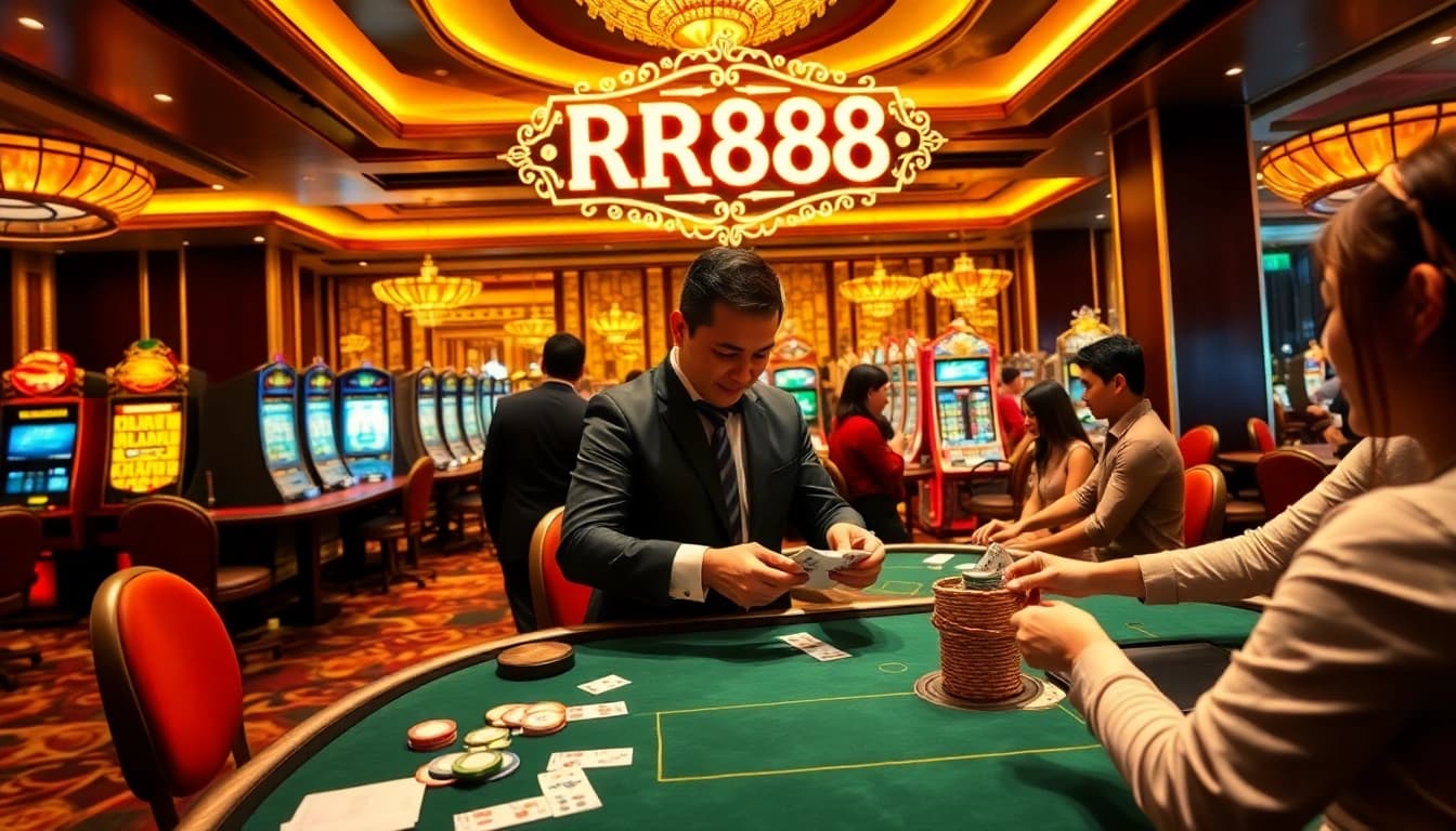 Players experiencing exciting games at a casino, with RR888 prominently featured on a decorative sign.