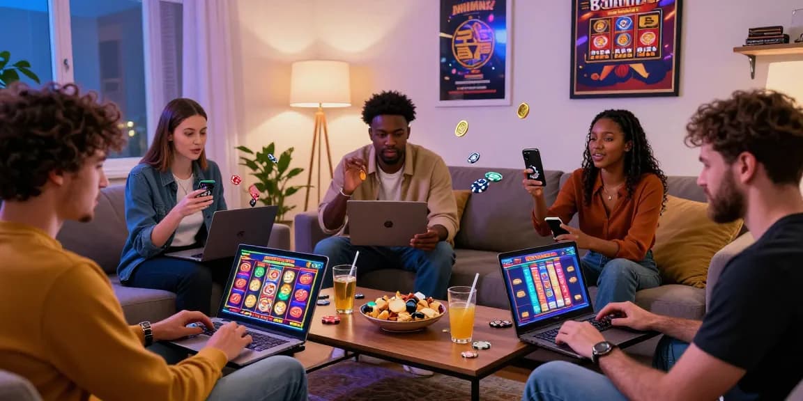UK players enjoying vibrant games at non UKGC casinos in a modern living room.