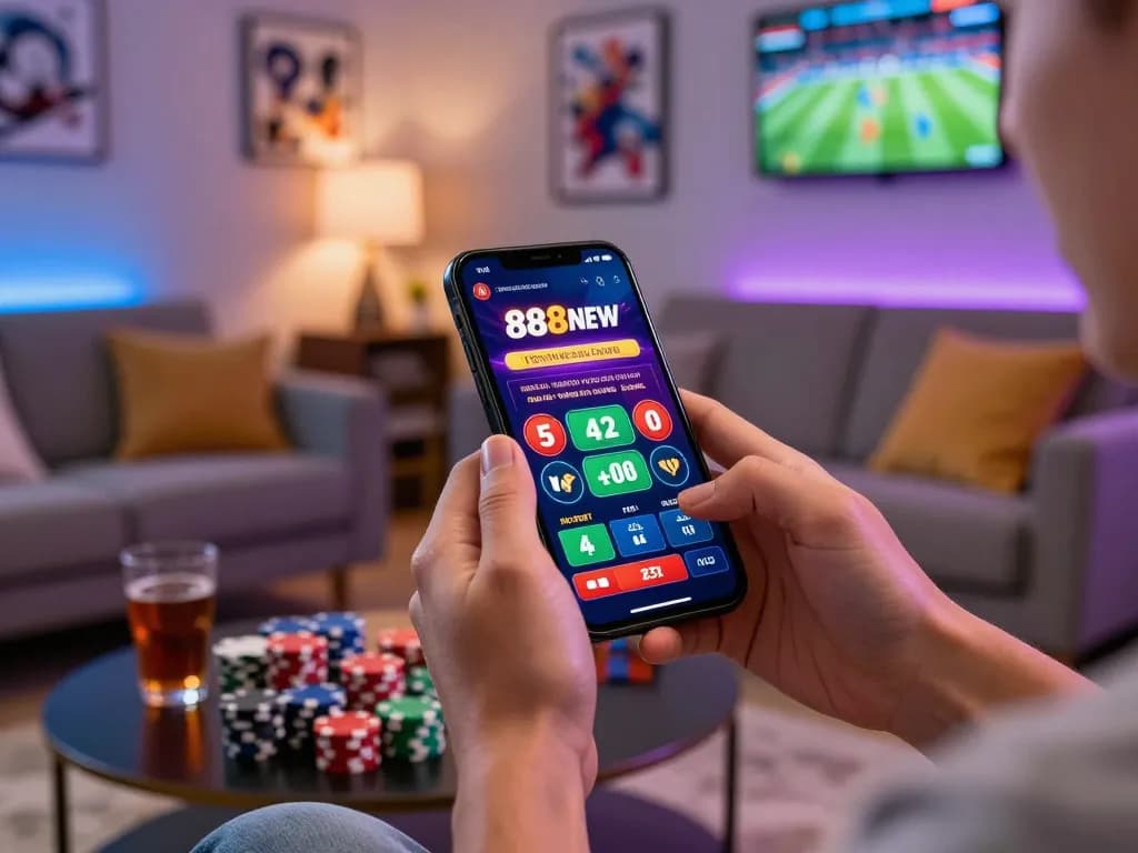 Person engaging with 888NEW mobile app while betting in a cozy living room setting.