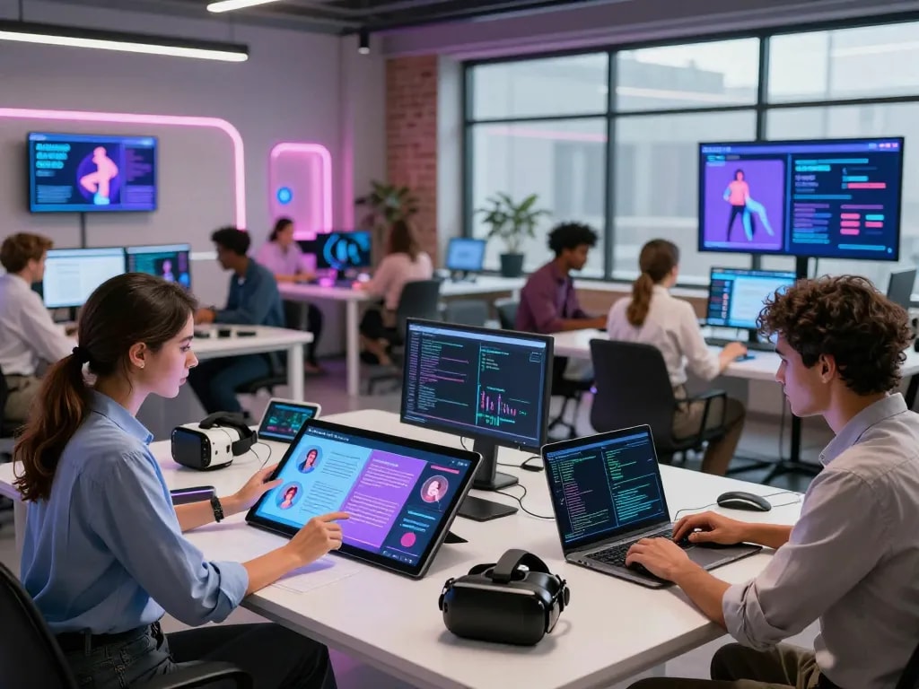Innovative tech hub showcasing sex AI applications with diverse experts collaborating in a modern workspace.