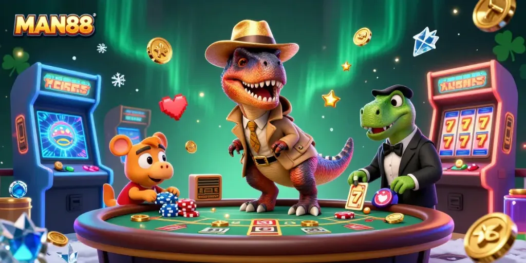 Experience excitement at MAN88 with a velociraptor card counter and vibrant casino elements.