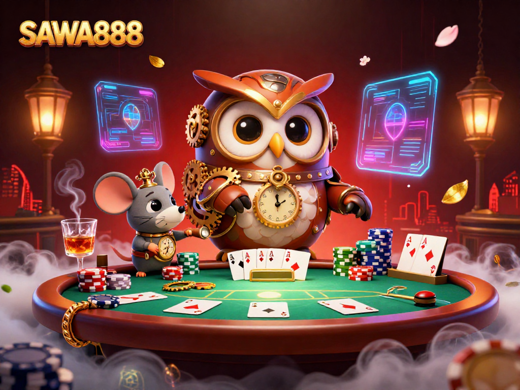 Engage in winning strategies at SAWA888 with thrilling steampunk characters in a casino atmosphere full of poker action.