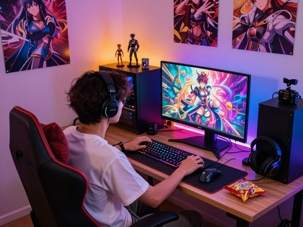 Engaging gaming setup featuring a person playing a colorful hentai game.