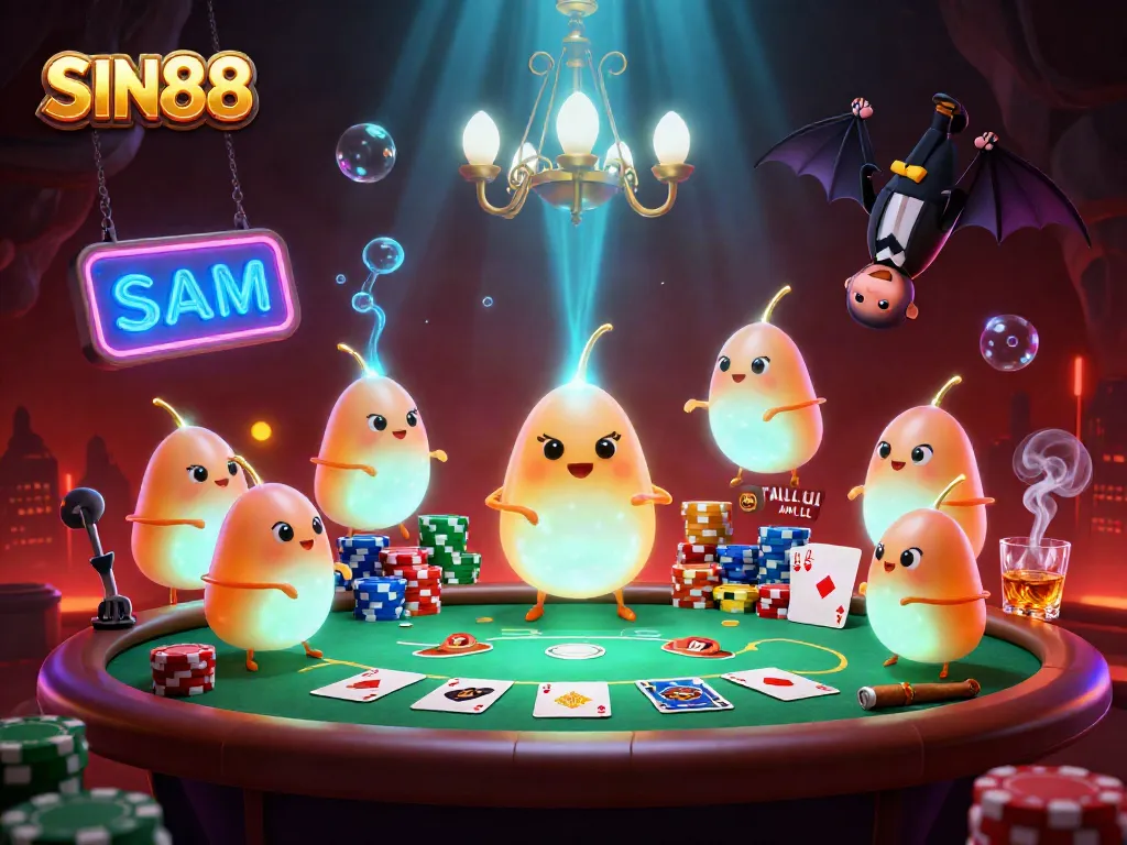 SIN88 glowworms illuminate a lively cave casino with vibrant poker action and colorful game elements.